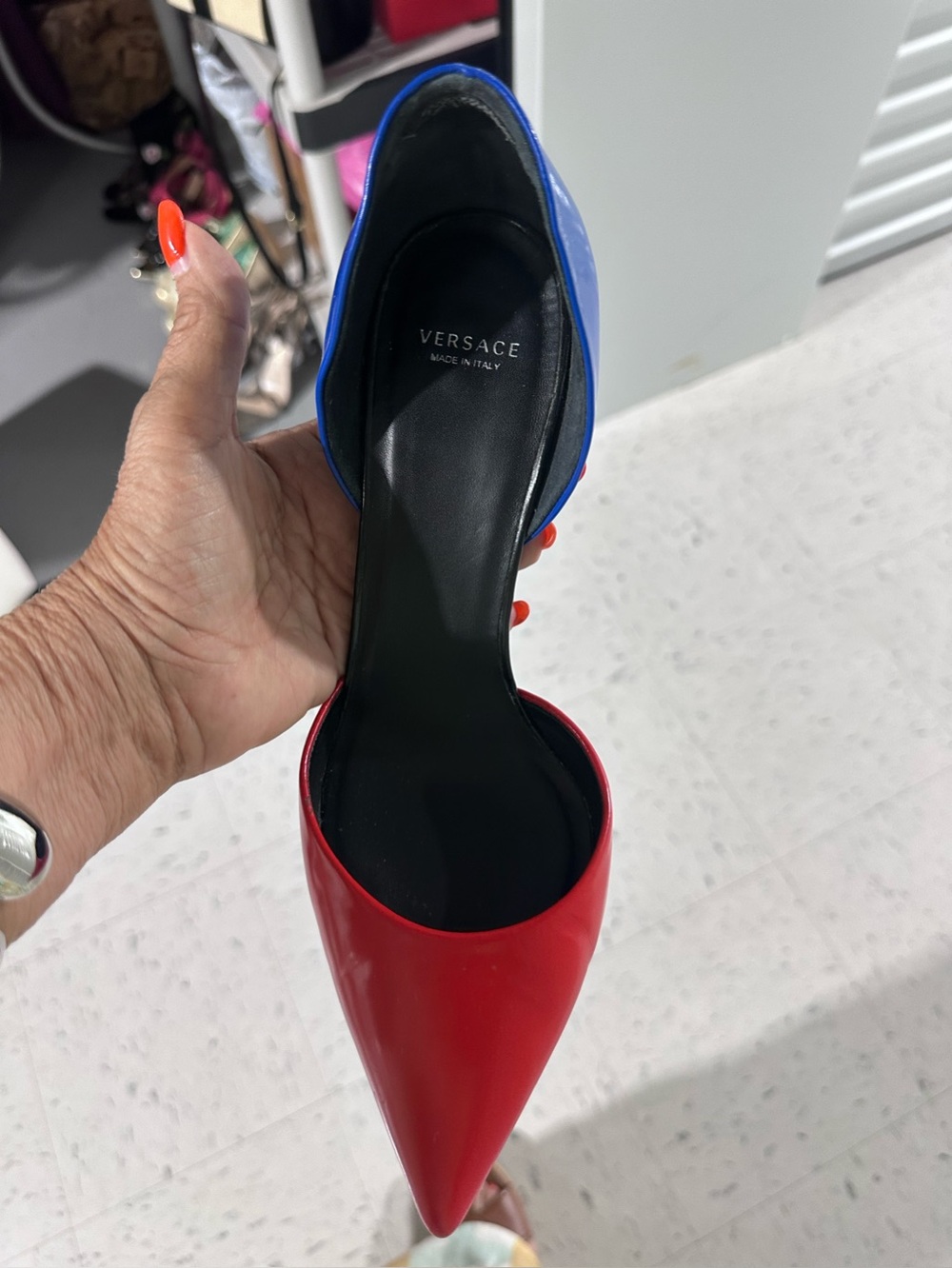 Versace Medusa Women's Two-Tone Pointed Toe Pump in Red and Blue - Picture 6 of 7